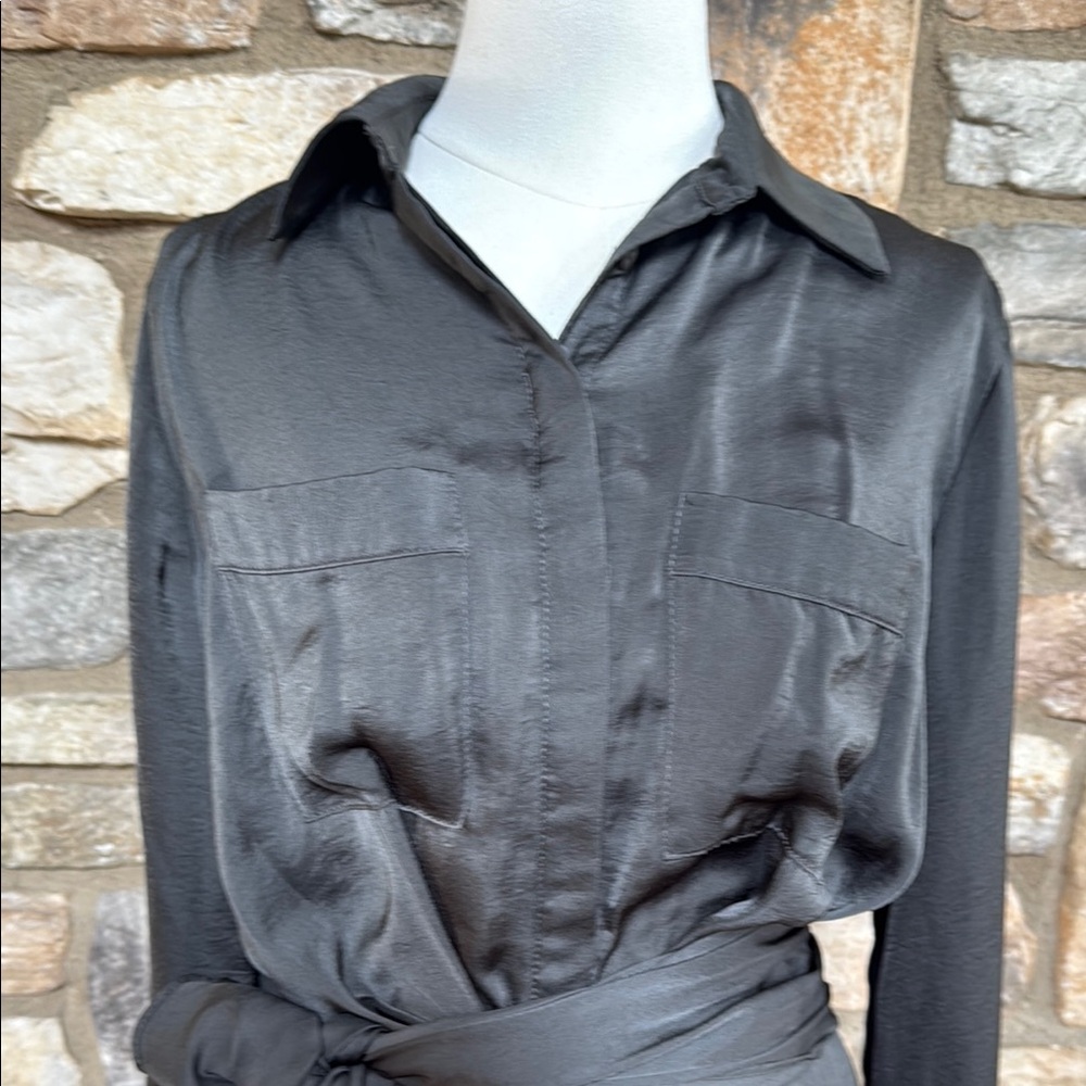 Black Satin Shirt Dress with Belt - Picture 2 of 8